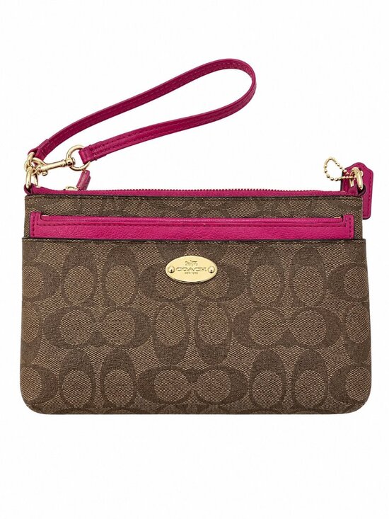 Coach Handbags - Coach Signature Wristlet Brown Monogram Pink Trim Zip Clutch